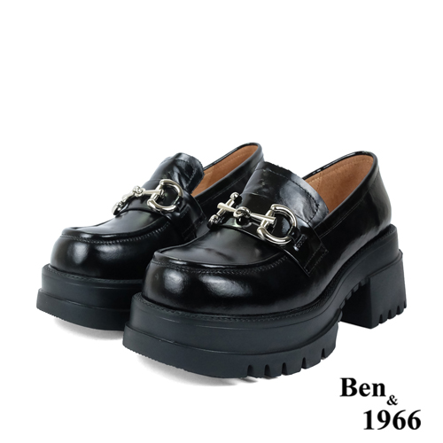 Ben&1966高級頭層牛油皮個性馬銜釦厚底樂福鞋-黑(236081)
