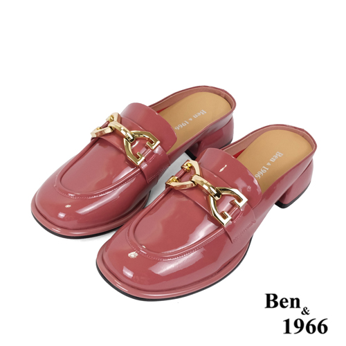 Ben&1966高級牛漆皮金釦粉嫩俏皮穆勒鞋-珊瑚粉(236041)