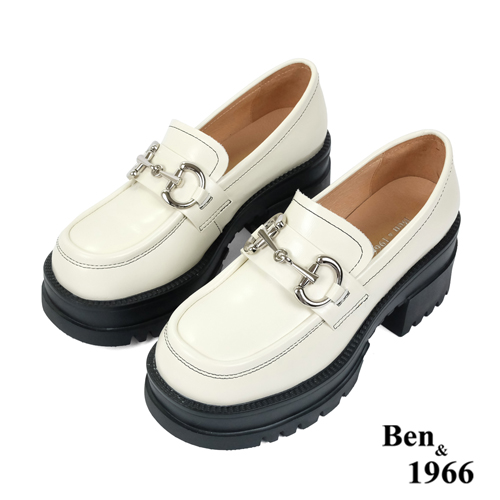 Ben&1966高級頭層牛油皮個性馬銜釦厚底樂福鞋-米白(236082)