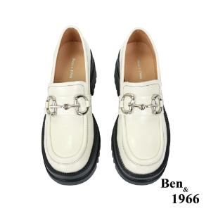 Ben&1966高級頭層牛油皮個性馬銜釦厚底樂福鞋-米白(236082)