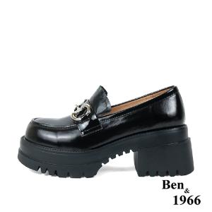 Ben&1966高級頭層牛油皮個性馬銜釦厚底樂福鞋-黑(236081)