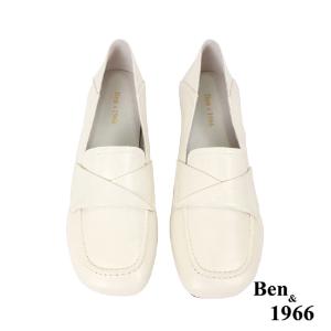 Ben&1966高級牛油皮簡約方頭舒適包鞋-米白(236032)
