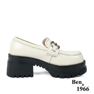 Ben&1966高級頭層牛油皮個性馬銜釦厚底樂福鞋-米白(236082)