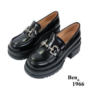 Ben&1966高級頭層牛油皮個性馬銜釦厚底樂福鞋-黑(236081)