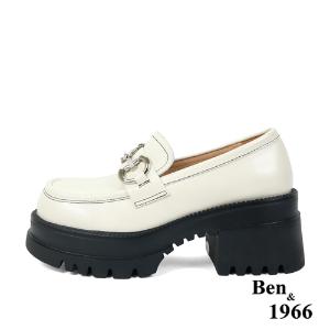 Ben&1966高級頭層牛油皮個性馬銜釦厚底樂福鞋-米白(236082)
