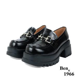 Ben&1966高級頭層牛油皮個性馬銜釦厚底樂福鞋-黑(236081)