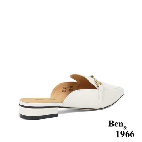 Ben&1966高級頭層牛皮時尚馬銜扣尖頭穆勒拖-米白(236163)