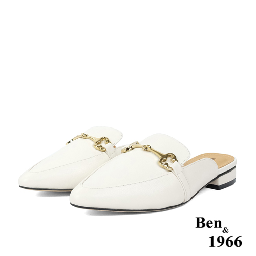 Ben&1966高級頭層牛皮時尚馬銜扣尖頭穆勒拖-米白(236163)