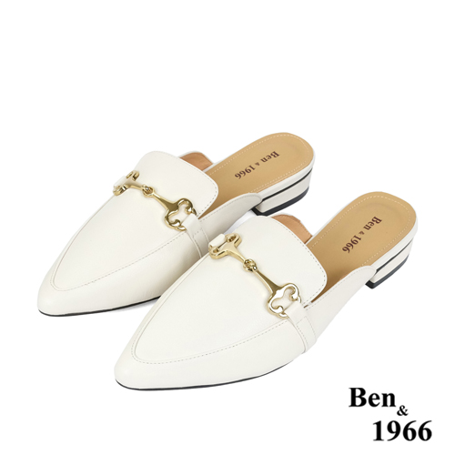 Ben&1966高級頭層牛皮時尚馬銜扣尖頭穆勒拖-米白(236163)