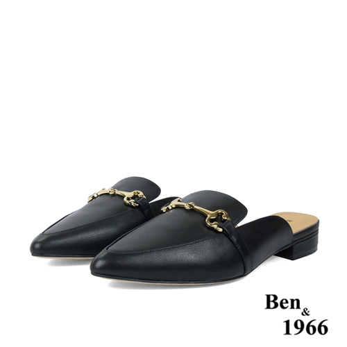 Ben&1966高級頭層牛皮時尚馬銜扣尖頭穆勒拖-黑(236161)