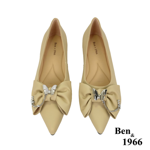Ben&1966高級絲綢羊皮優雅尖頭包鞋-奶茶杏(236151)