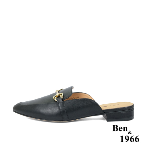 Ben&1966高級頭層牛皮時尚馬銜扣尖頭穆勒拖-黑(236161)