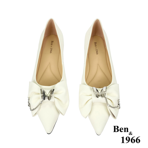 Ben&1966高級絲綢羊皮優雅尖頭包鞋-米白(236152)