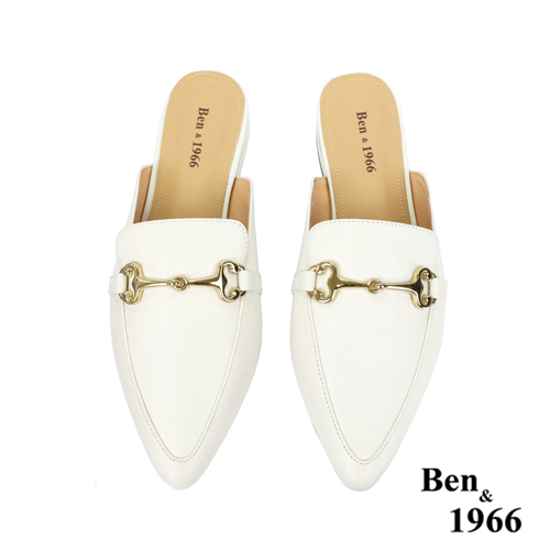 Ben&1966高級頭層牛皮時尚馬銜扣尖頭穆勒拖-米白(236163)