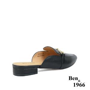 Ben&1966高級頭層牛皮時尚馬銜扣尖頭穆勒拖-黑(236161)