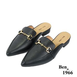 Ben&1966高級頭層牛皮時尚馬銜扣尖頭穆勒拖-黑(236161)