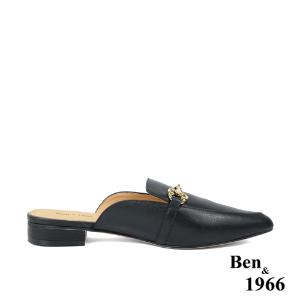 Ben&1966高級頭層牛皮時尚馬銜扣尖頭穆勒拖-黑(236161)