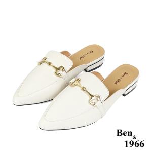 Ben&1966高級頭層牛皮時尚馬銜扣尖頭穆勒拖-米白(236163)