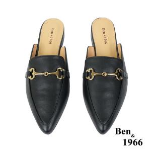 Ben&1966高級頭層牛皮時尚馬銜扣尖頭穆勒拖-黑(236161)