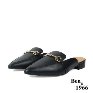 Ben&1966高級頭層牛皮時尚馬銜扣尖頭穆勒拖-黑(236161)