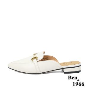 Ben&1966高級頭層牛皮時尚馬銜扣尖頭穆勒拖-米白(236163)
