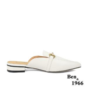 Ben&1966高級頭層牛皮時尚馬銜扣尖頭穆勒拖-米白(236163)