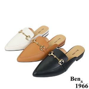 Ben&1966高級頭層牛皮時尚馬銜扣尖頭穆勒拖-黑(236161)