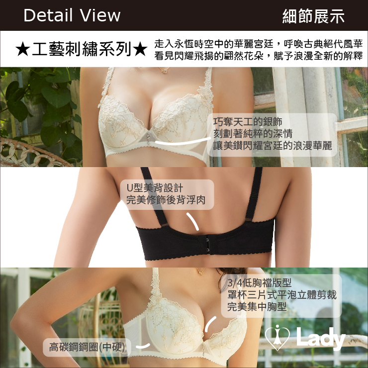 Lady 花舞宮廷系列 B-F罩 法式 刺繡 蕾絲 內衣 (薔薇黑)