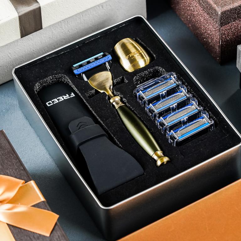 FREED 古銅系列尊爵四件組五刀式刮鬍刀禮盒-大地綠