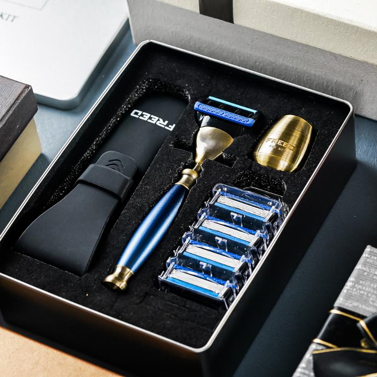 FREED 古銅系列尊爵四件組五刀式刮鬍刀禮盒-帝王藍
