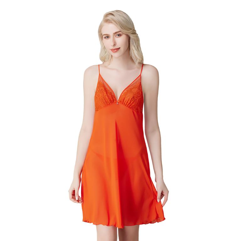 【思薇爾】撩波新花漾系列連身蕾絲性感睡衣(加州橘)