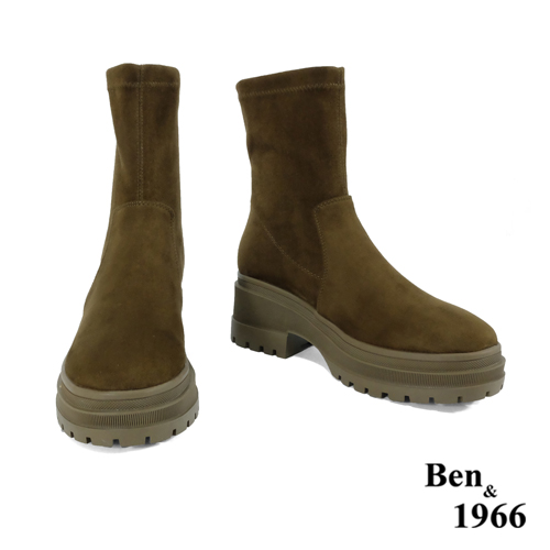 Ben&1966高級羊猄彈力絨布流行厚底短靴-橄欖綠(247072)