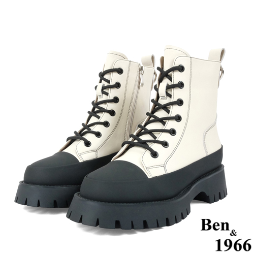 Ben&1966高級頭層牛皮厚底流行百搭短靴-米白(227122)