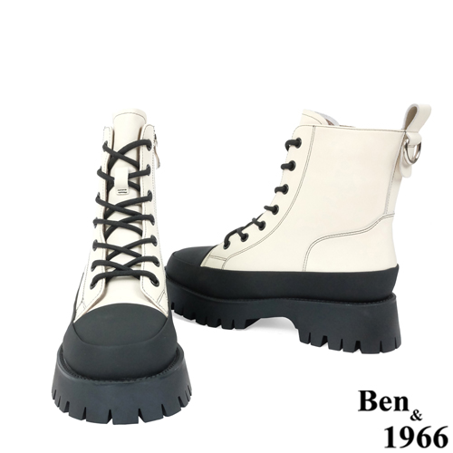 Ben&1966高級頭層牛皮厚底流行百搭短靴-米白(227122)
