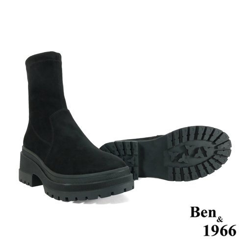 Ben&1966高級羊猄彈力絨布流行厚底短靴-黑(247071)