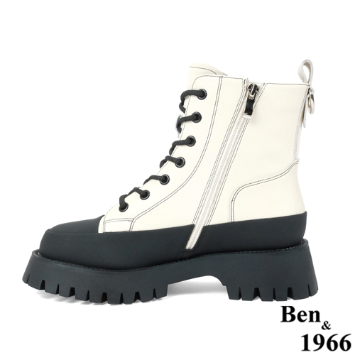 Ben&1966高級頭層牛皮厚底流行百搭短靴-米白(227122)
