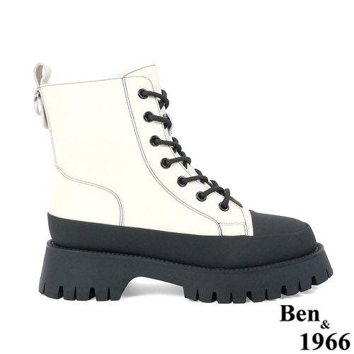 Ben&1966高級頭層牛皮厚底流行百搭短靴-米白(227122)
