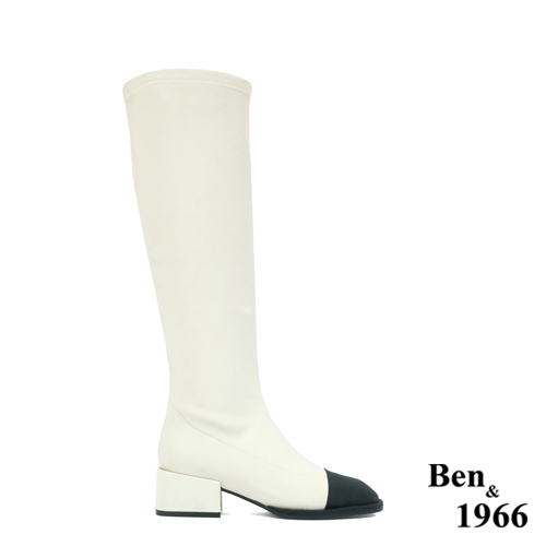 Ben&1966高級羊猄彈力絨布拼接牛皮俏皮長靴-米白(227082)
