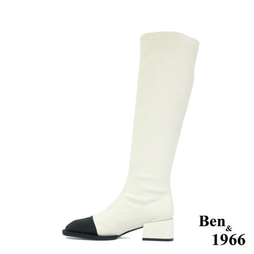 Ben&1966高級羊猄彈力絨布拼接牛皮俏皮長靴-米白(227082)