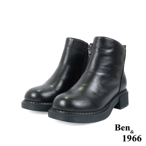 Ben&1966高級頭層牛皮沖孔中性踝靴-黑(227141)
