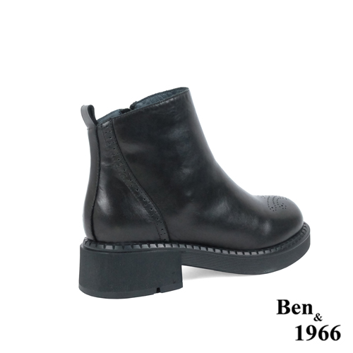 Ben&1966高級頭層牛皮沖孔中性踝靴-黑(227141)