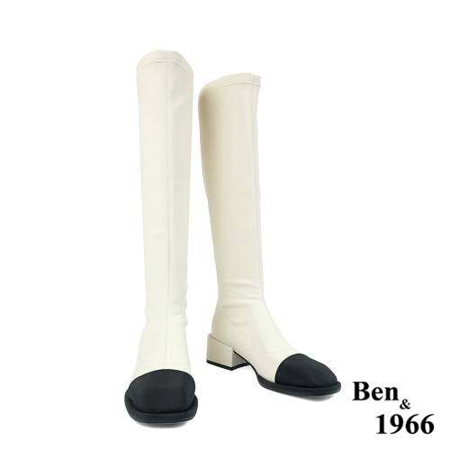 Ben&1966高級羊猄彈力絨布拼接牛皮俏皮長靴-米白(227082)