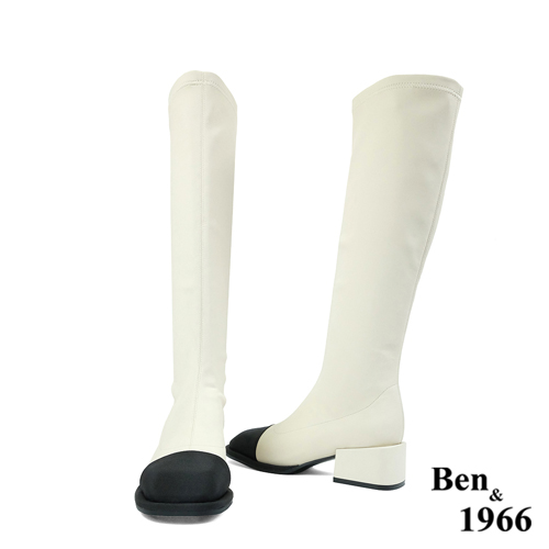 Ben&1966高級羊猄彈力絨布拼接牛皮俏皮長靴-米白(227082)
