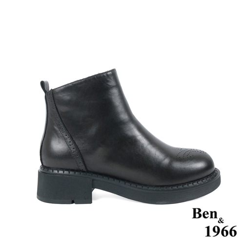 Ben&1966高級頭層牛皮沖孔中性踝靴-黑(227141)
