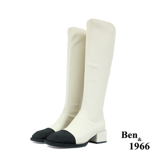 Ben&1966高級羊猄彈力絨布拼接牛皮俏皮長靴-米白(227082)