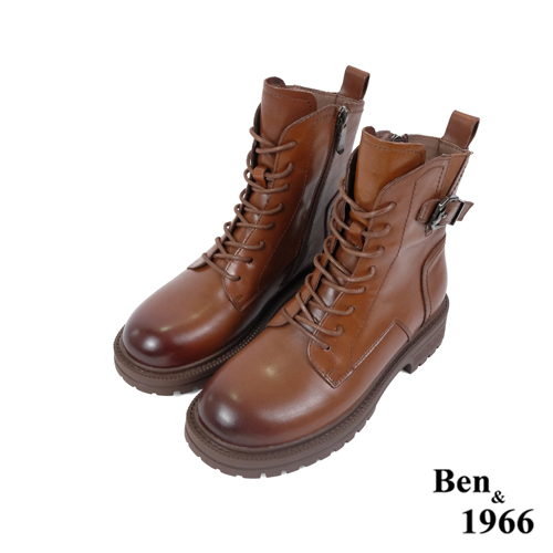 Ben&1966高級打蠟牛皮復古仿舊短靴-咖啡
