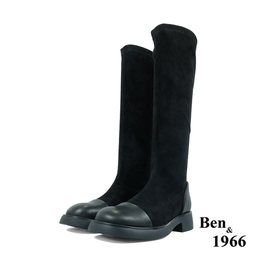 Ben&1966高級羊猄彈力絨布拼接牛皮長靴-黑(227181)