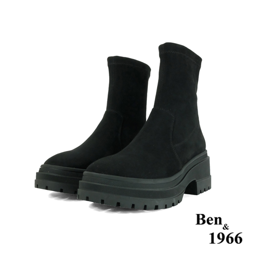 Ben&1966高級羊猄彈力絨布流行厚底短靴-黑(247071)