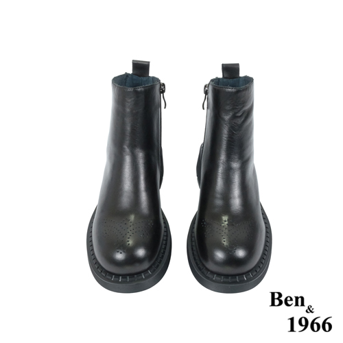 Ben&1966高級頭層牛皮沖孔中性踝靴-黑(227141)