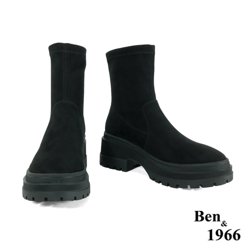 Ben&1966高級羊猄彈力絨布流行厚底短靴-黑(247071)